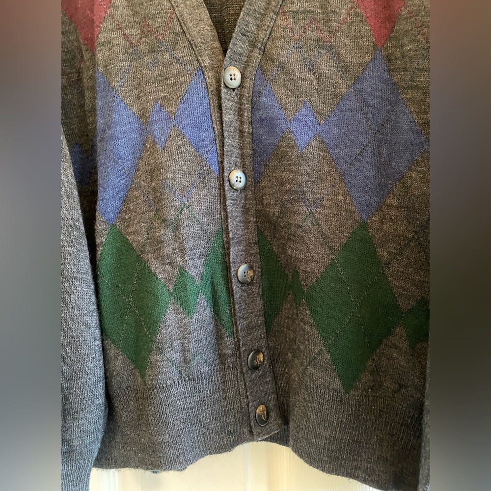 THE ITALIAN SWEATER CO MADE IN ITALY LONG-SLEEVE ARGYLE BUTTON-UP SWEATER-LARGE - Picture 8 of 9